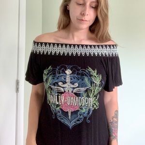 Harley Davidson off the shoulder top